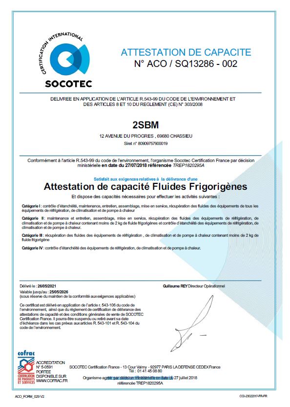 attestation fluides frigorigènes